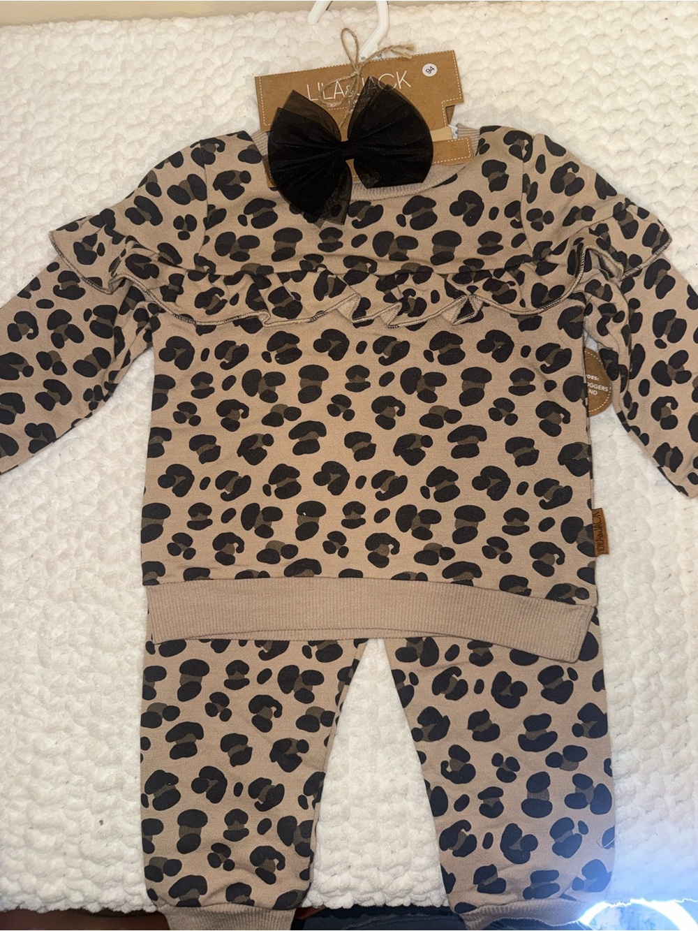 Beige Leopard Print Kids Set with Black Bow